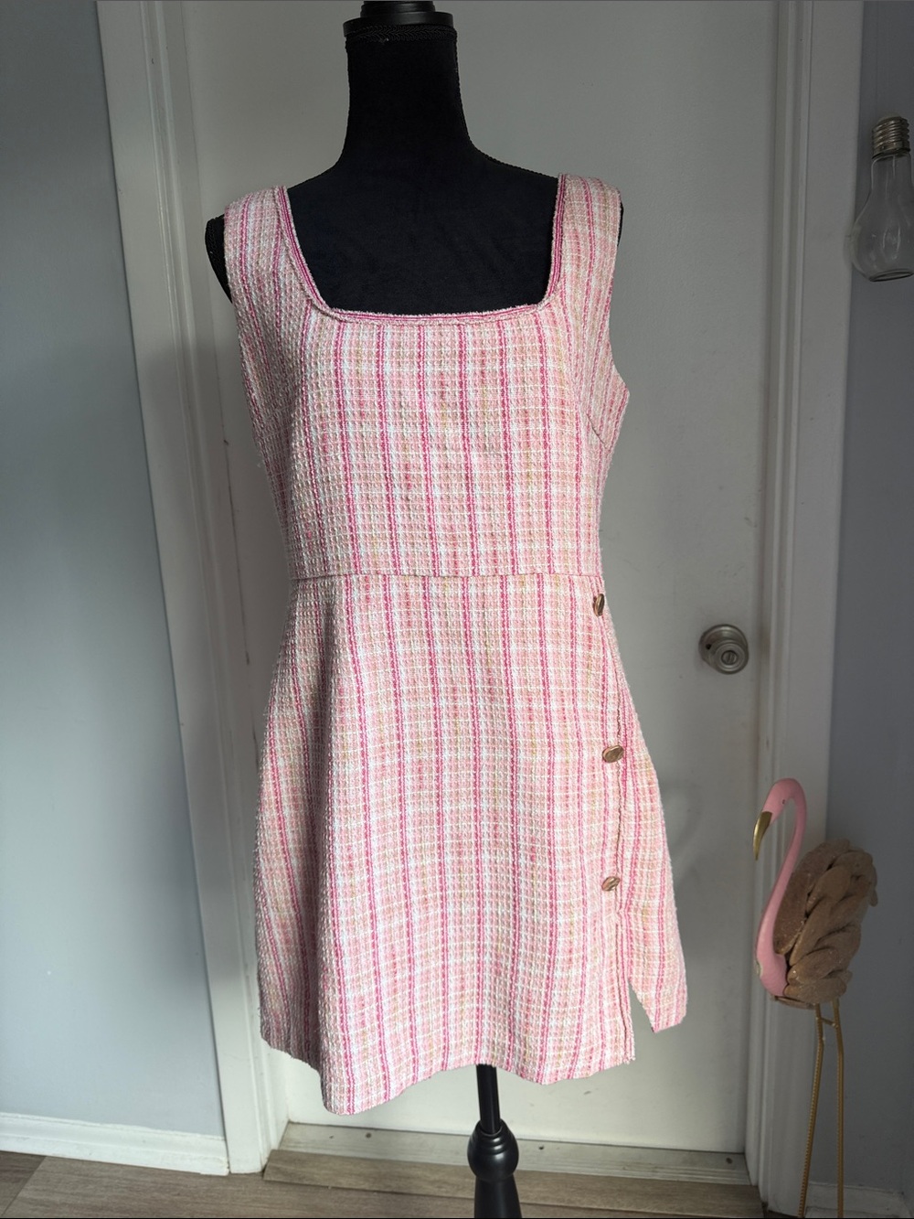 Francesca’s Mi Ami Pink and White Tweed Button-Accent Sleeveless Dress